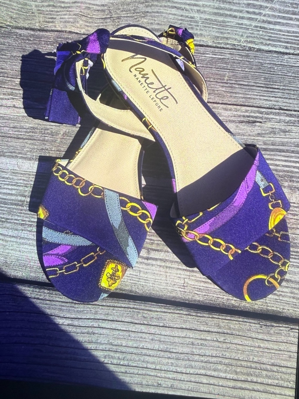 Nanette Lepore Purple and Gold Chain-Print Ankle-Tie Sandals